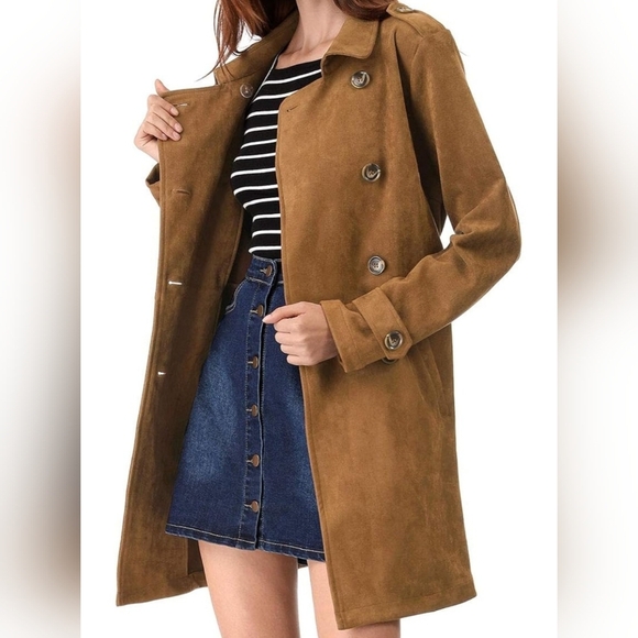 Allegra K Women Faux Suede Trench Coat Jacket with Belt Size XS - Picture 4 of 6
